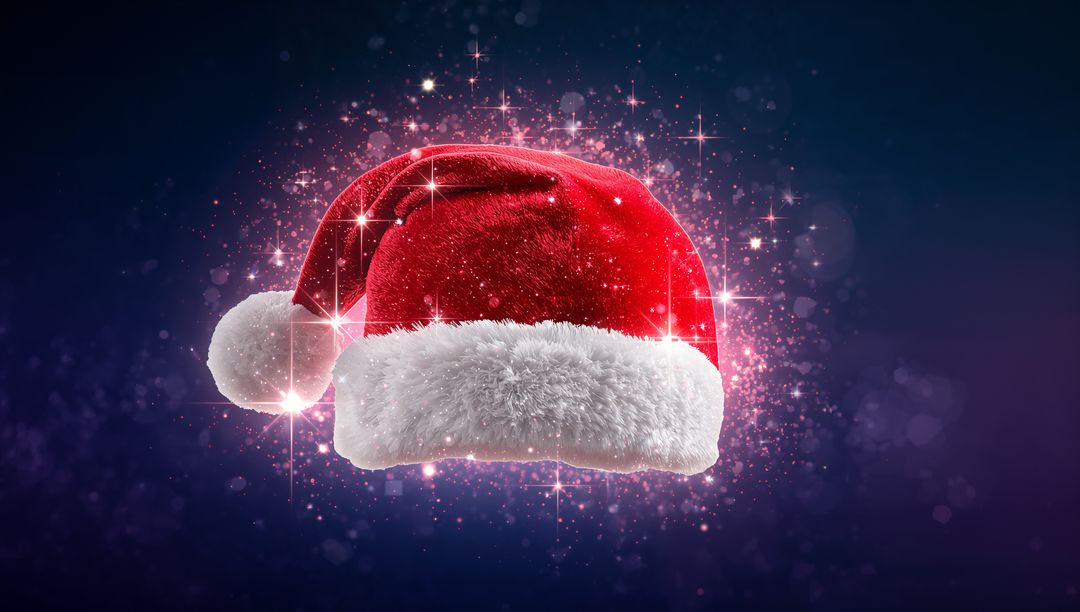 Floating Santa Hat with Sparkling Red Velvet, White Fur Trim and Festive Bokeh Glow