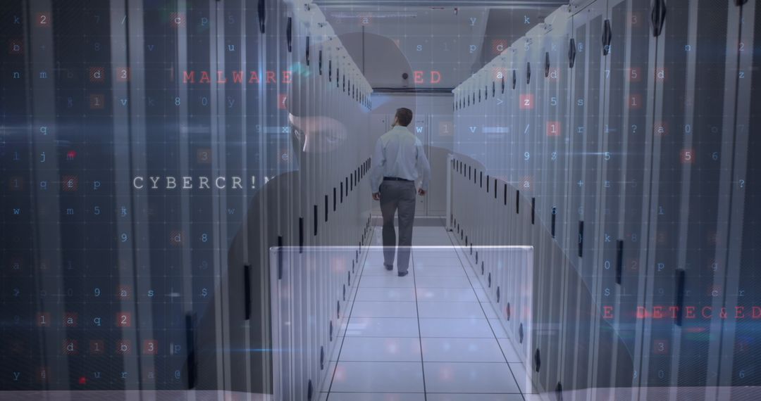 Cybersecurity Risk in Modern Server Room with Hacker Overlay
