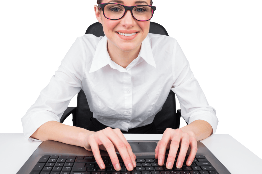 Transparent Businesswoman Typing at Desk Smiling