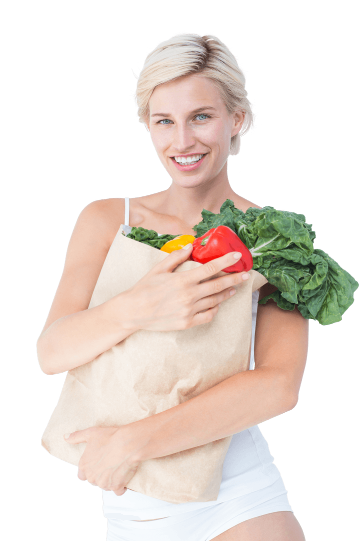 Attractive Woman Holding Bag of Fresh Vegetables Transparent Background