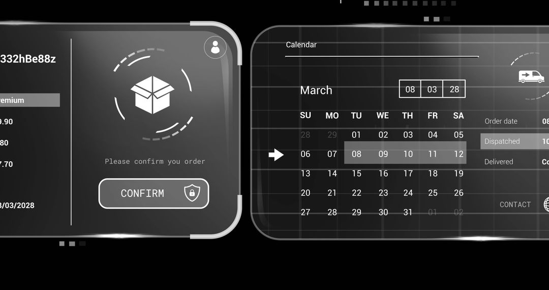 Futuristic Digital Interface with Order Confirmation Screen