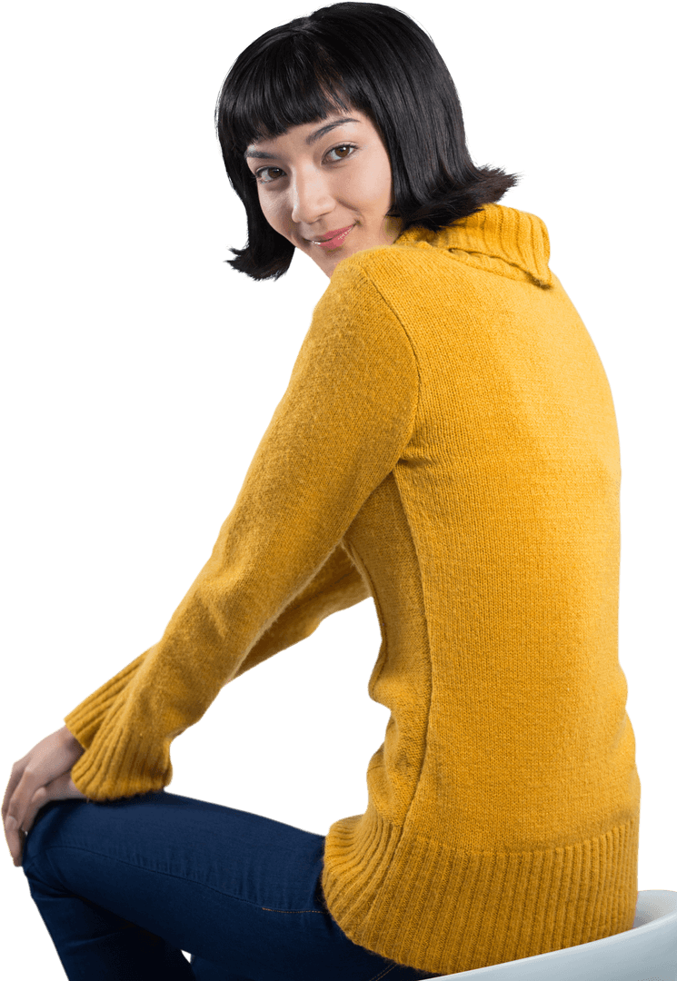 Smiling Woman Posing in Cozy Yellow Sweater with Transparent Background
