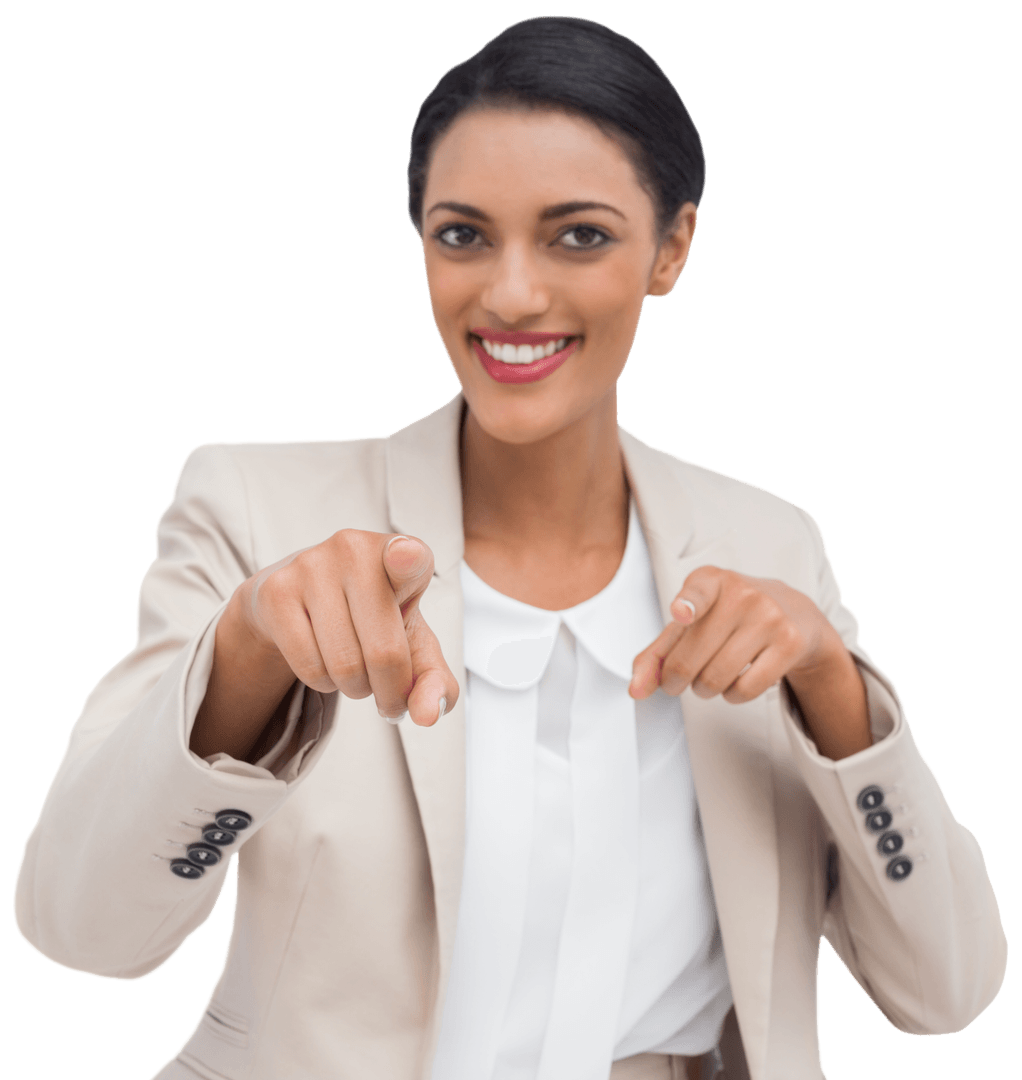 Transparent Enthusiastic Smiling Businesswoman Pointing