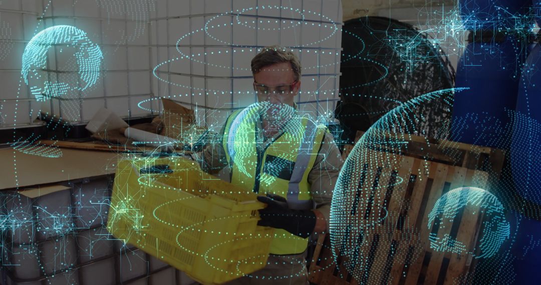 Warehouse Worker Utilizing Futuristic Holographic Technology in Logistics