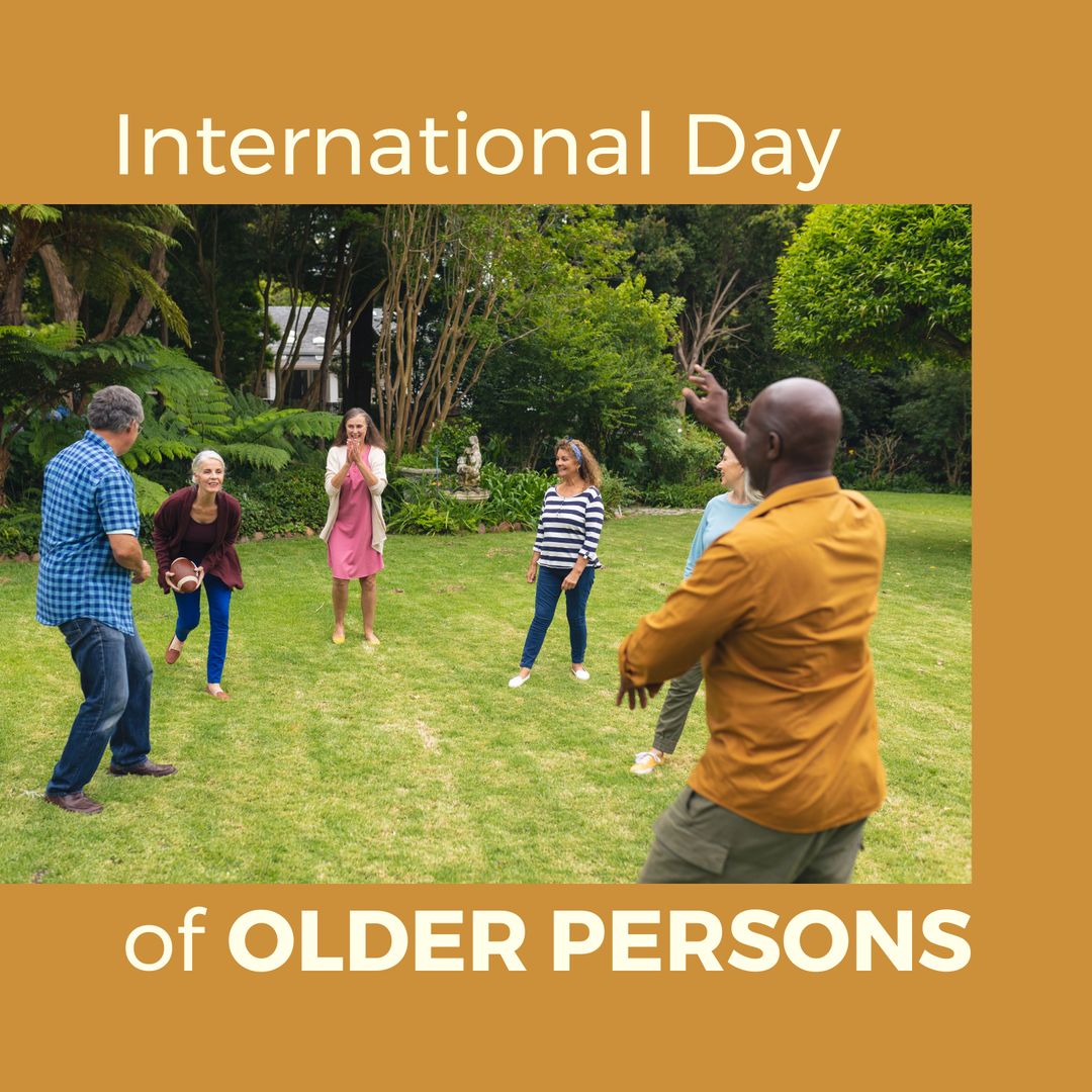 Happy Diverse Seniors Enjoy Outside in Garden for International Day of Older Persons