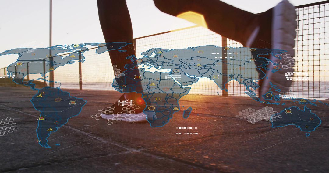 Jogger sprinting along seaside promenade with global map data overlay at sunset