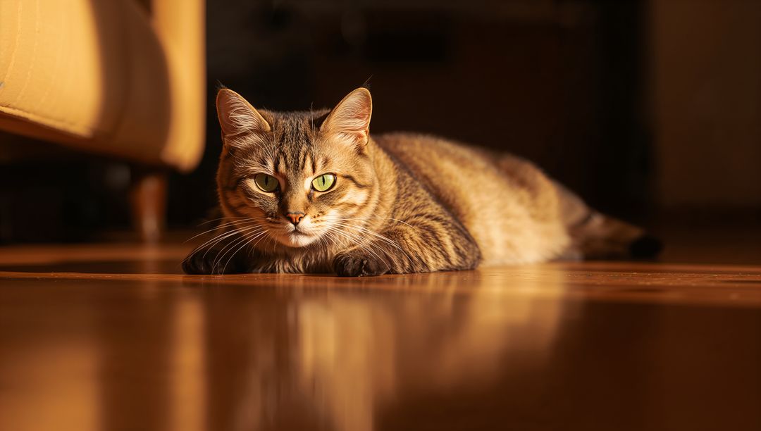 Sunlit brown tabby cat lounging on hardwood floor with vivid reflection and green eyes