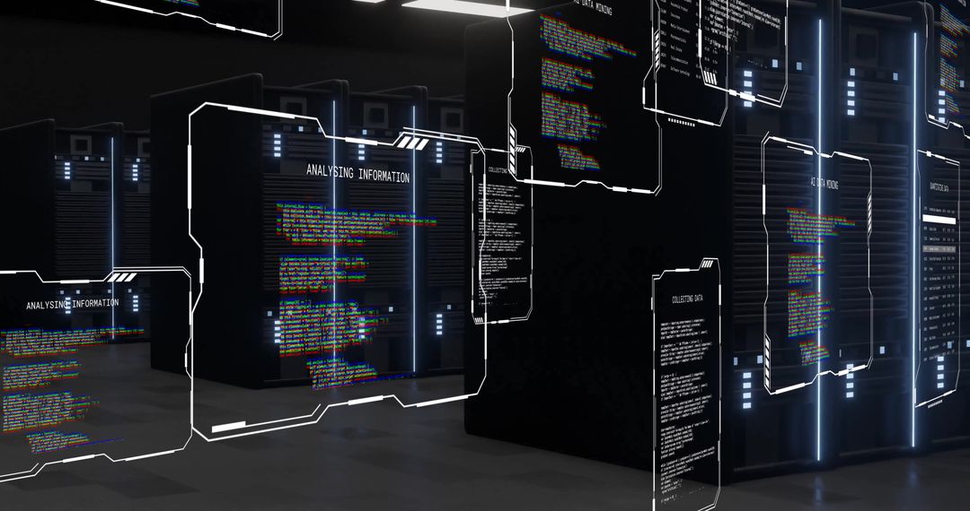Futuristic Digital Data Processing in Dark Server Room