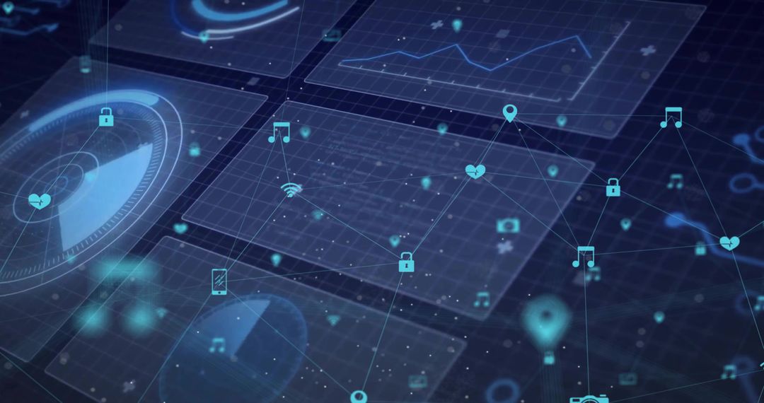 Futuristic Digital Interface with Holographic Network and Icons