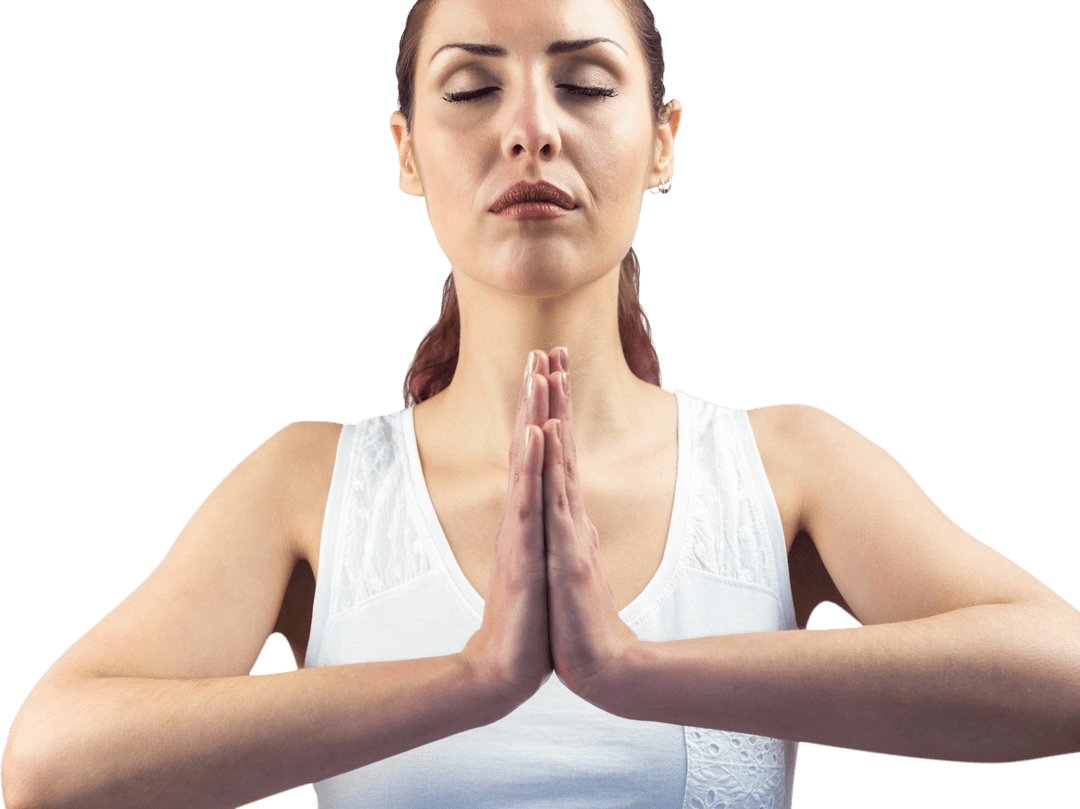 Calm Woman Meditating in Transparent Background with Closed Eyes