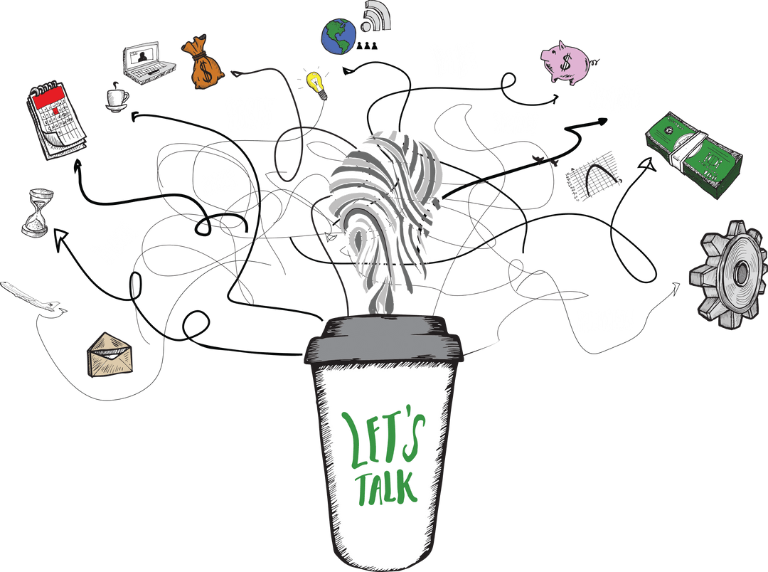 Doodle Coffee Cup Art with Transparent Business Icons