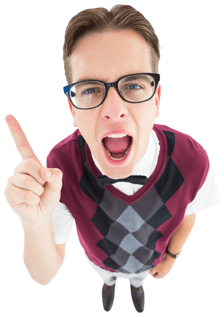 Transparent Geeky Hipster Expressing Frustration with Finger Pointed