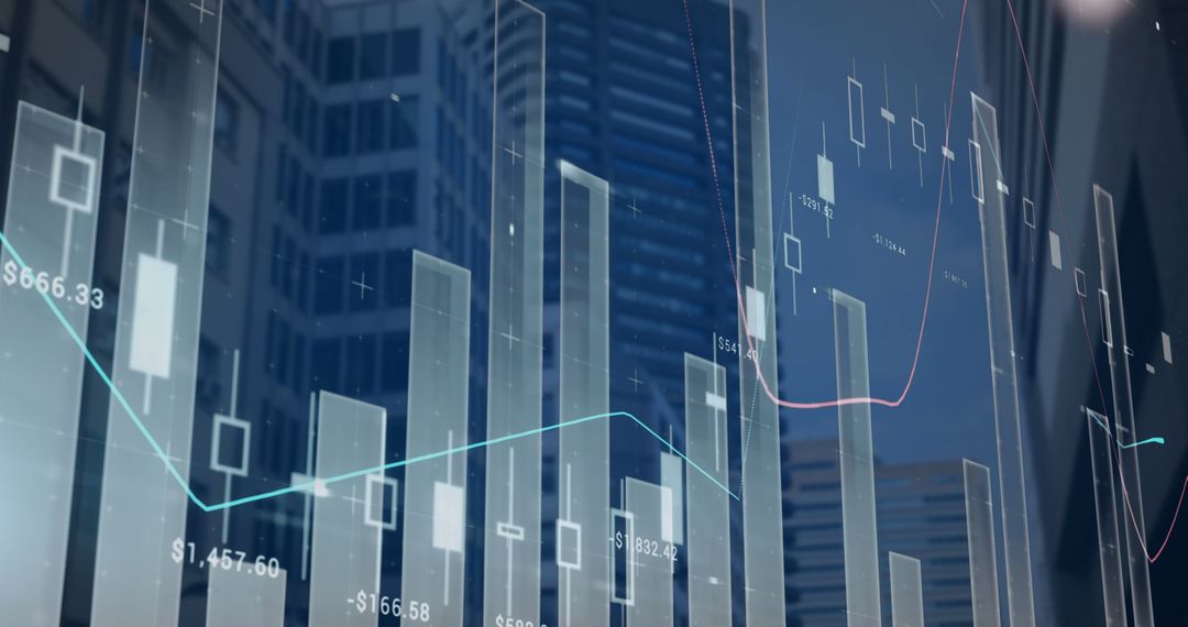 Financial Data Visualizations Overlapping Cityscape