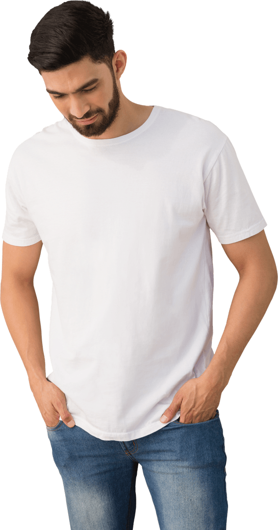 Transparent Male Model Posing in Casual Outfit with Hands in Pockets