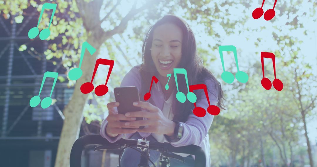 Smiling Woman Using Smartphone Surrounded by Musical Notes