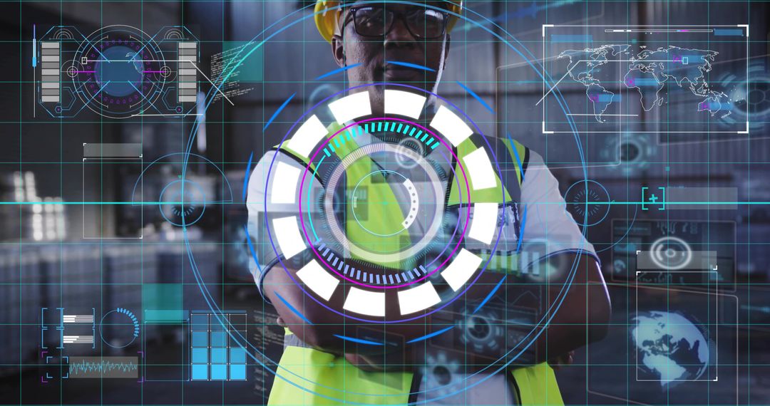 Industrial Technician Interacting with Holographic HUD for Smart Factory Automation and Safety