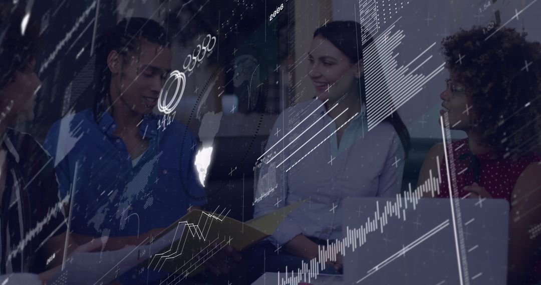 Diverse Professionals Collaborating on Data Analysis with Technology Overlay