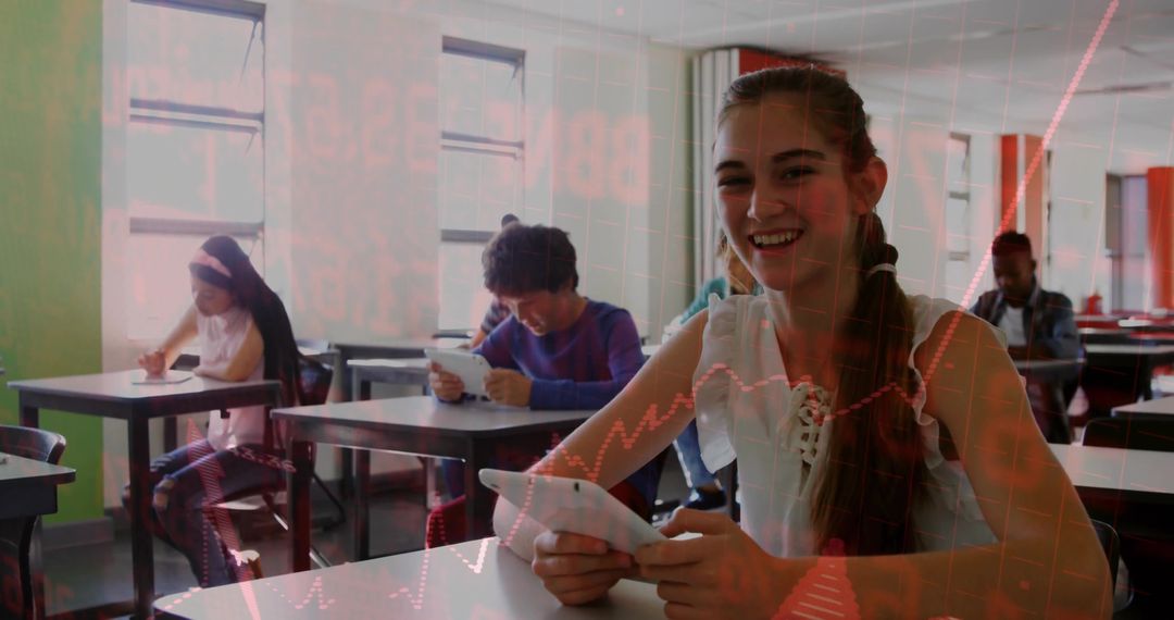 Smiling Teen Girl Using Tablet in Classroom with Red Data Overlay, Digital Learning Scene