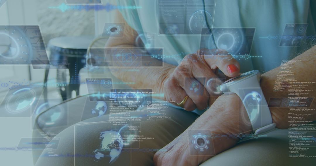 Senior Woman Using Smartwatch with Virtual Reality Interface