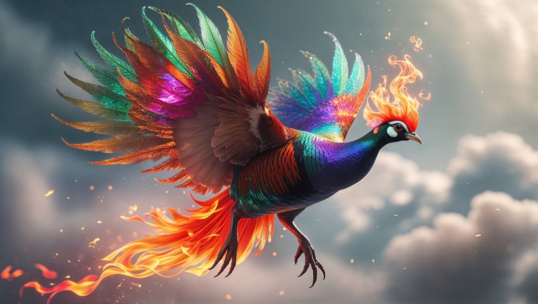 Mythical flaming bird animal soaring among vibrant colorful clouds