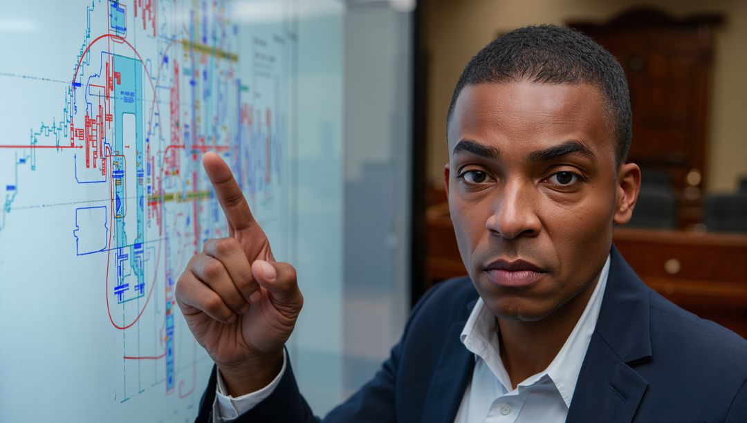 Pointing Architect Presenting Digital Blueprint on Touchscreen in Courtroom Briefing