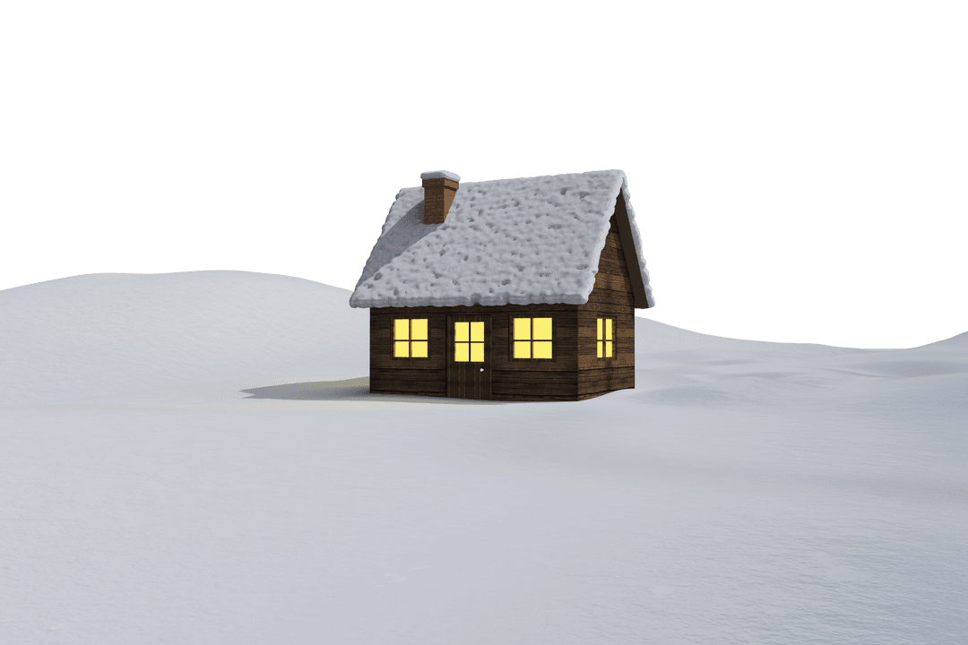 Cozy Rustic Cabin in Winter Landscape on Transparent Background