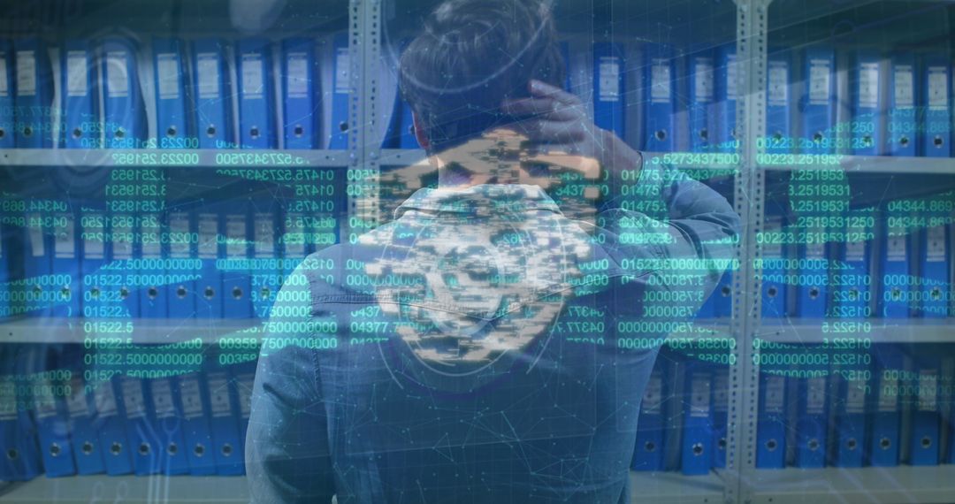 Cybersecurity Concepts with Confused Businessman and Blockchain