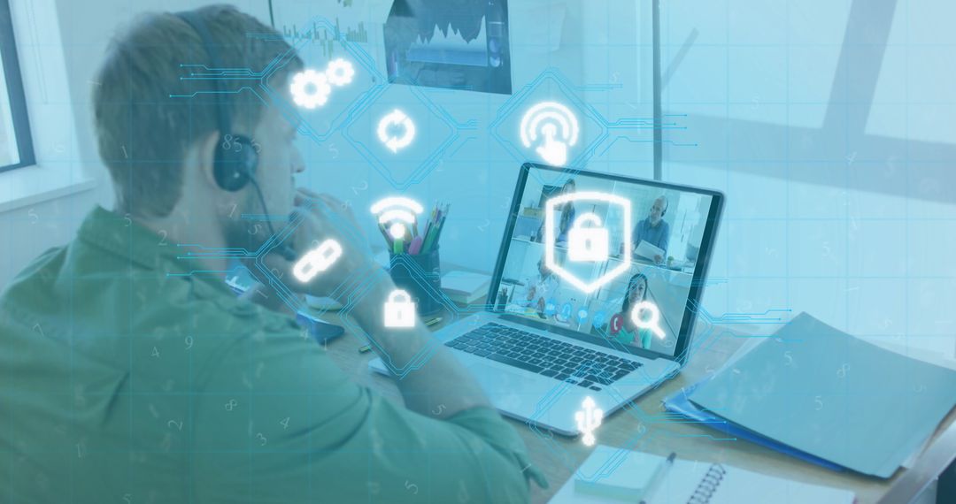 Secure Remote Work: Businessman on Laptop with Virtual Interface