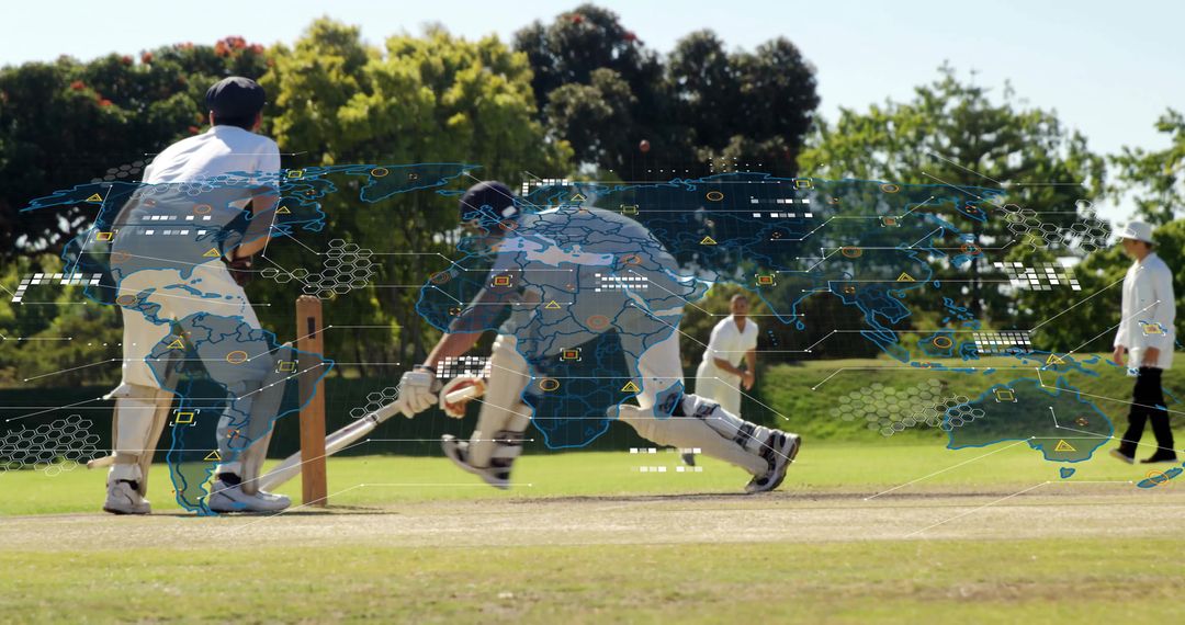 Cricket Batsman Sliding Risky Play Abstract World Data Map Overlay