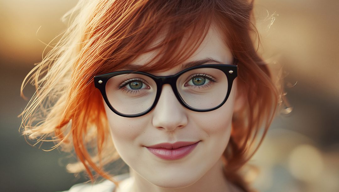 Portrait of Smiling Red-haired Woman with Black-framed Glasses in Warm Light