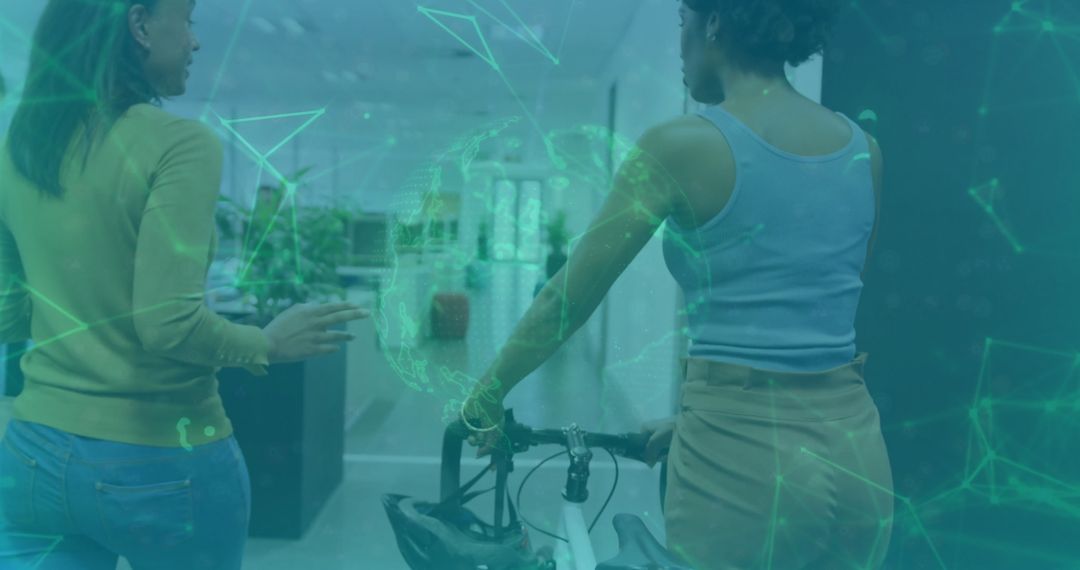 Colleagues Walking with Bicycle in Digitally Enhanced Office