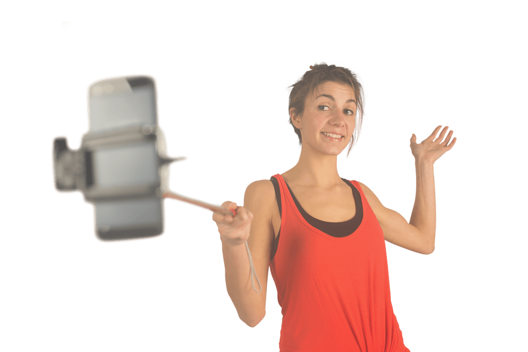 Casual Brunette Joyfully Taking Selfie Transparent Background
