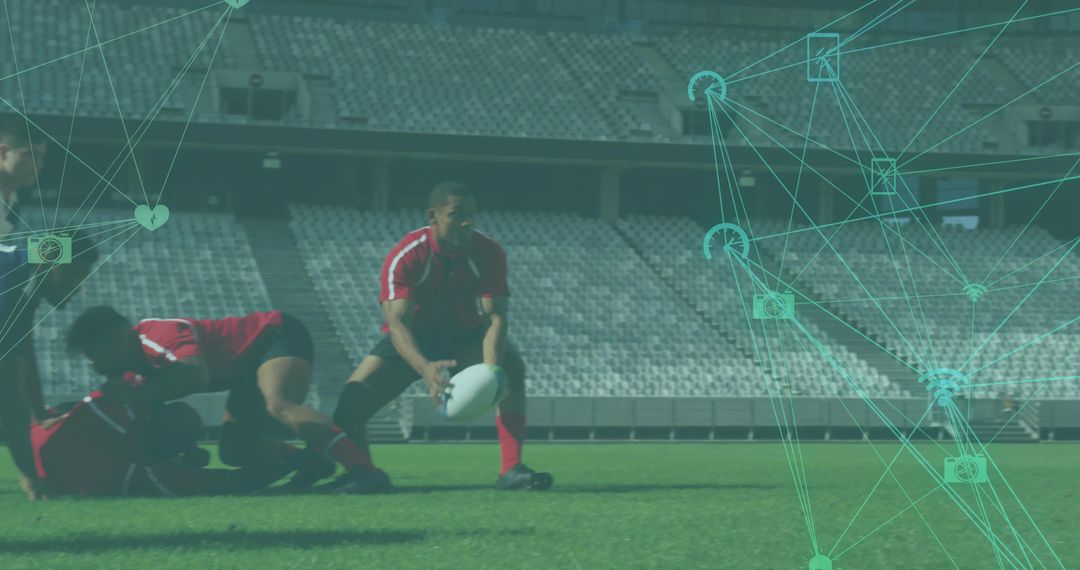 Rugby Player in Action with Digital Network Overlay