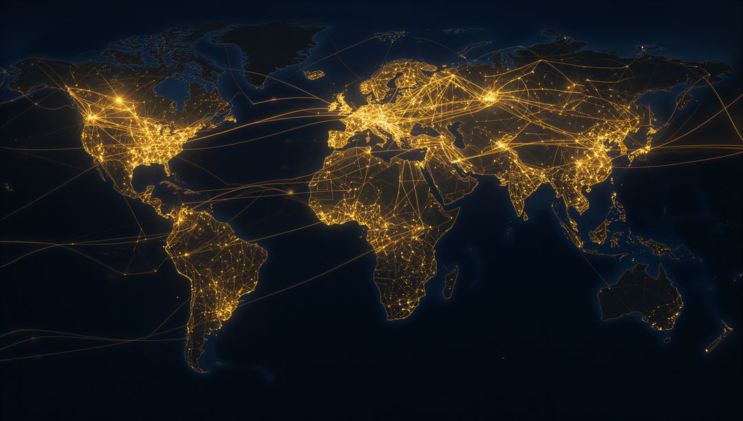 Global Network Data Visualization Mapping Cities with Golden Nodes and Arcs Over Dark Ocean