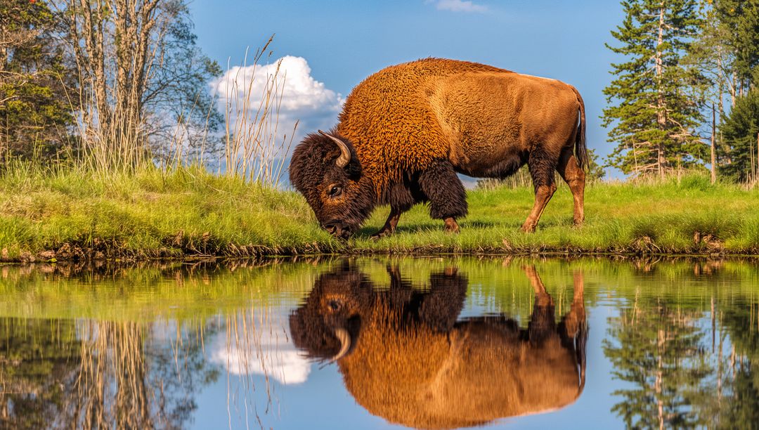 Majestic American Bison Drinking at Reflective Pond in Summer Meadow Landscape