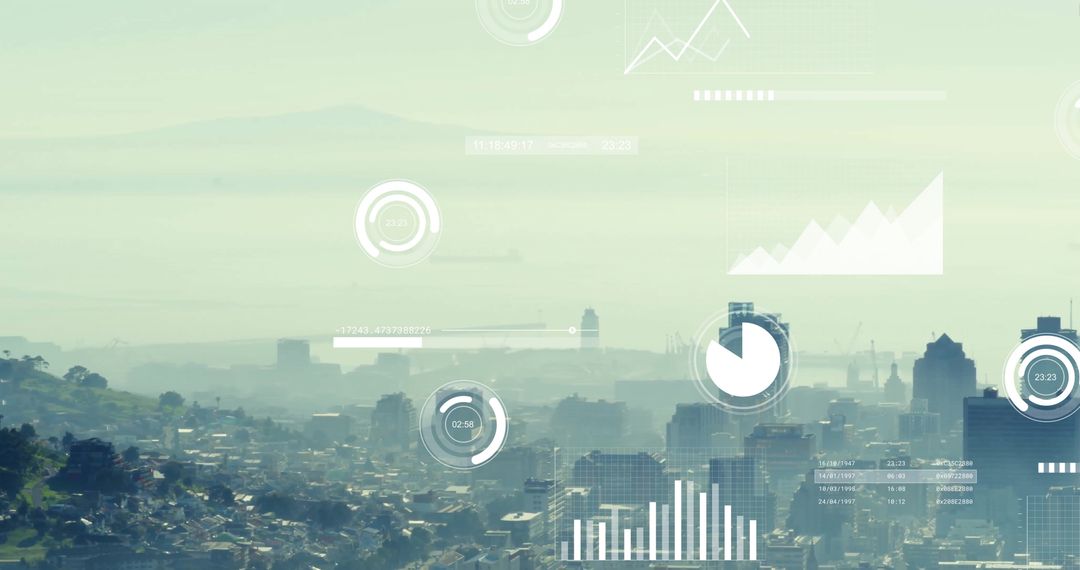 Urban City Skyline with Futuristic Data Overlays