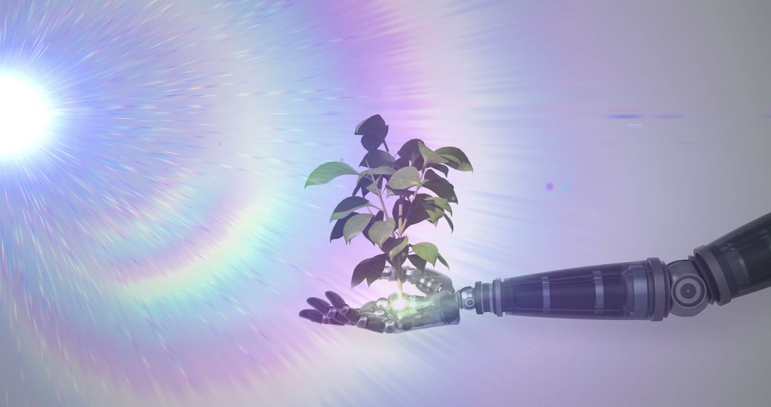 Robotic Arm Holding Plant with Futuristic Light Display