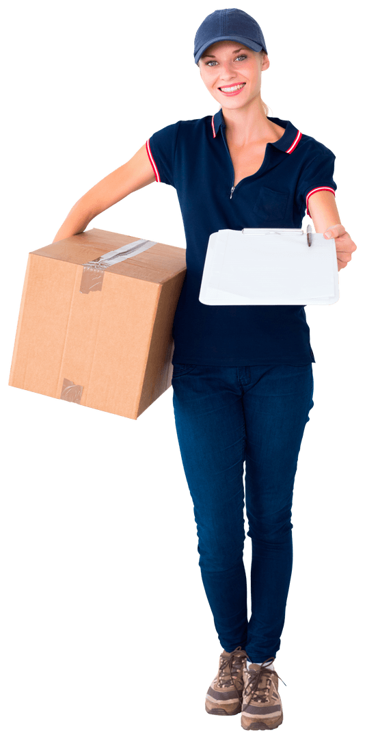 Transparent Smiling Delivery Woman Holding Package and Clipboard