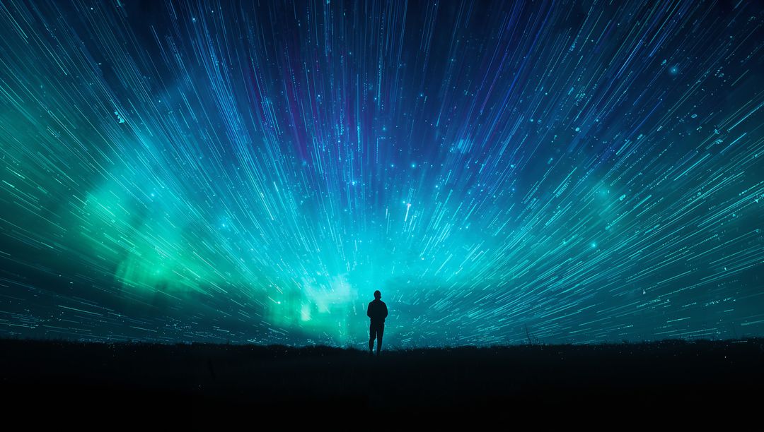 Standing Lone Silhouette Facing Teal Aurora with Dynamic Radial Star Trails Nightscape