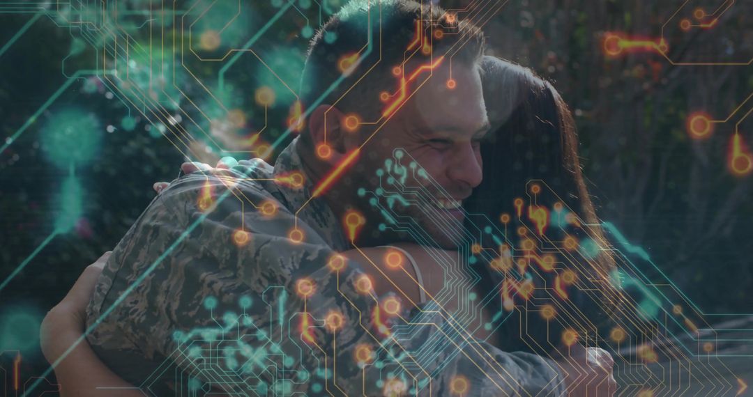 Embracing Couple in Garden with Technology Overlay