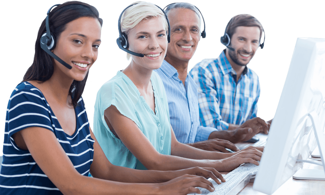 Diverse Team Engaging in Virtual Customer Support on Transparent Background