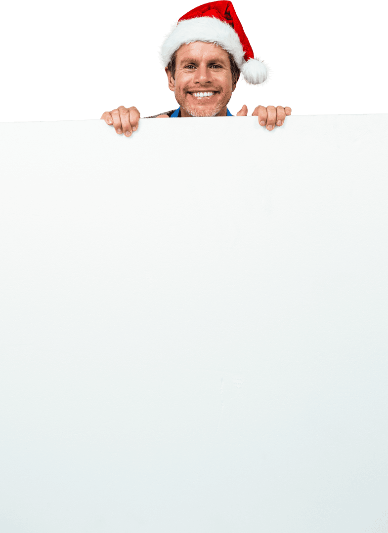 Joyful Man in Santa Hat Behind Transparent Blank Board