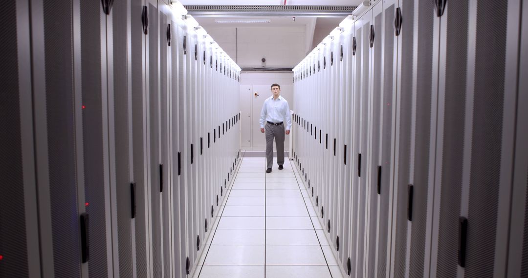 Man Walking in Modern Data Center - Free Images, Stock Photos and Pictures on Pikwizard.com