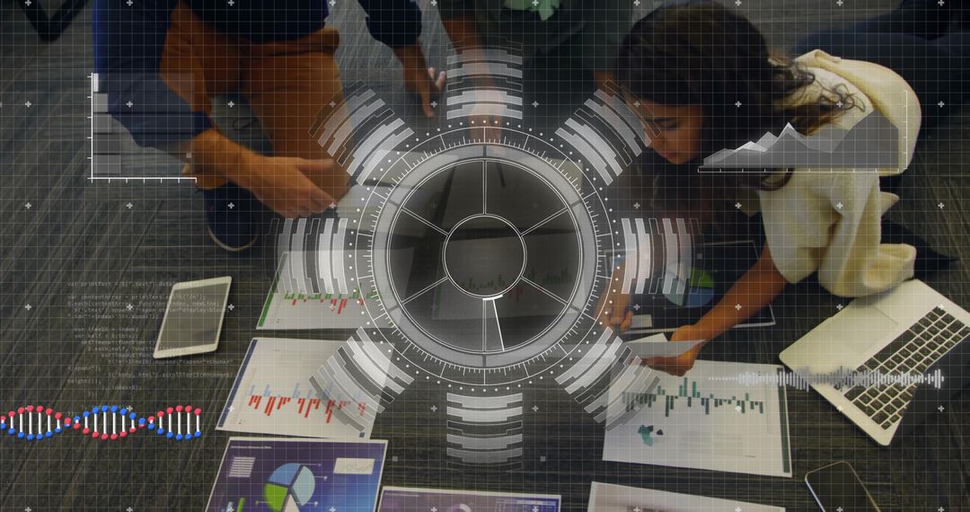 Executives Analyzing Charts with Futuristic HUD Projection