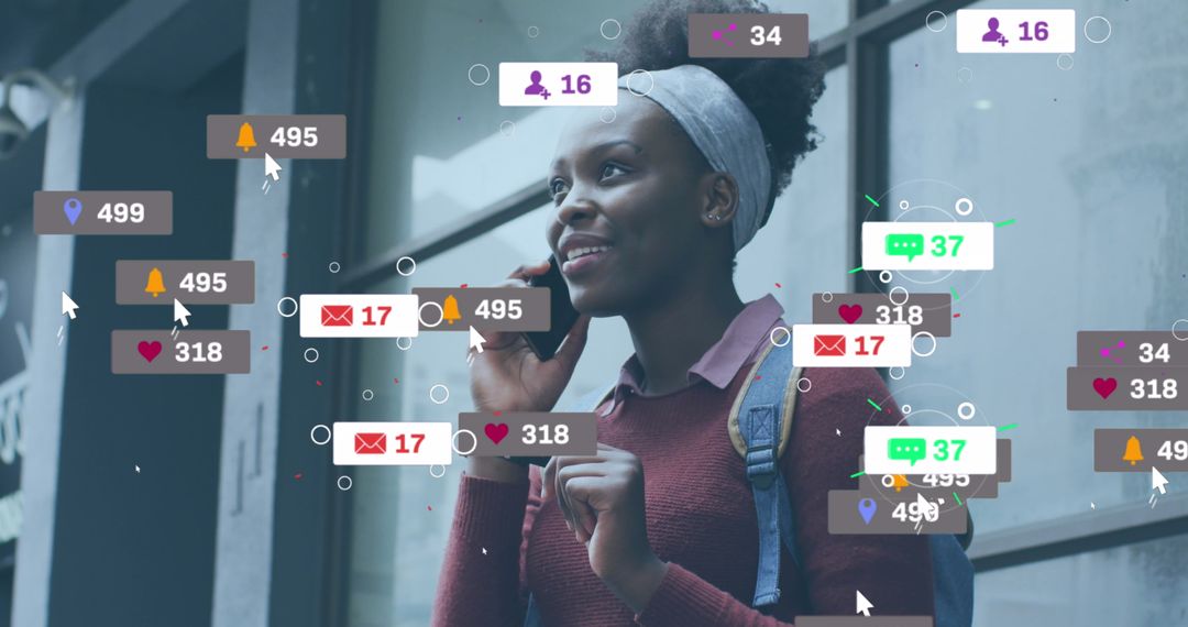 Woman Talking on Smartphone With Social Media Overlays