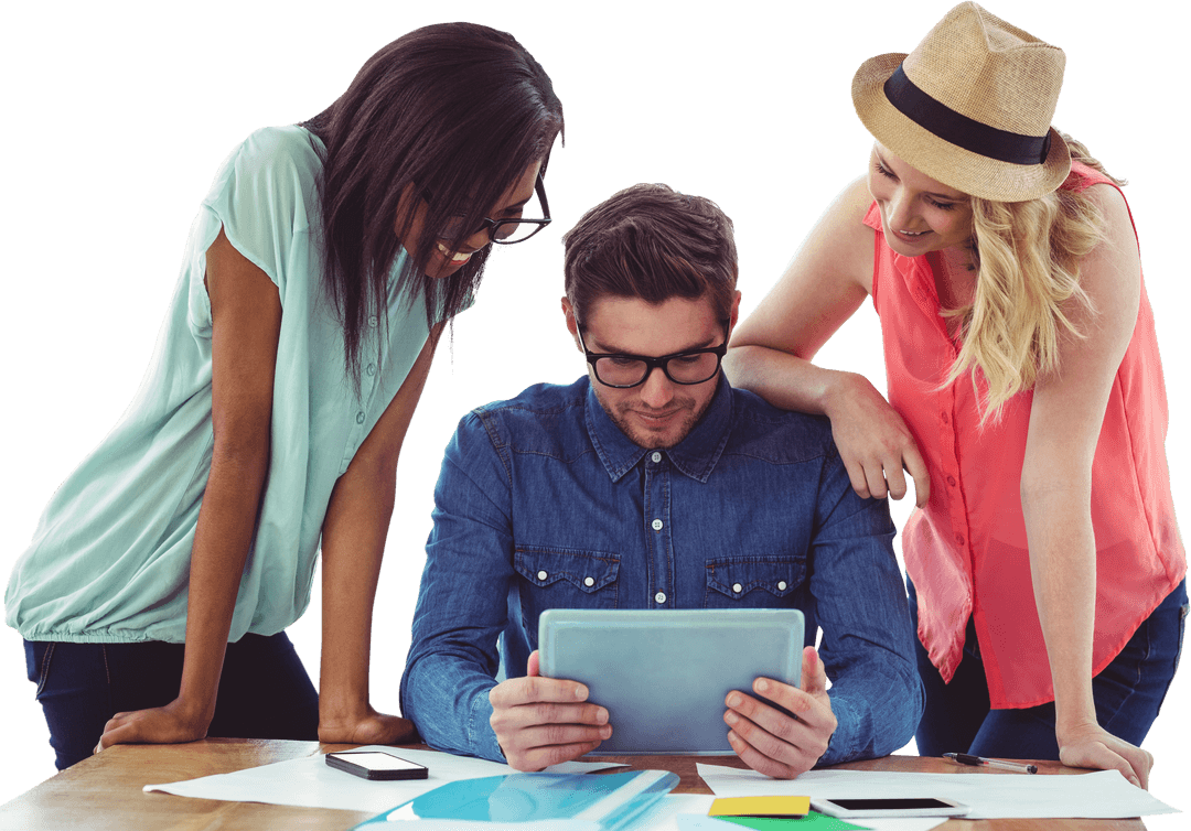 Transparent Creative Team Collaborating Over Digital Tablet