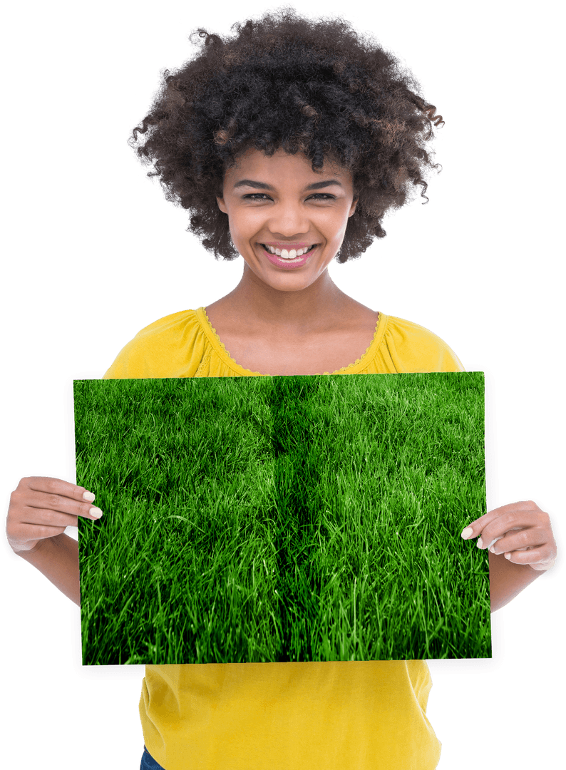 Smiling Woman Holding Transparent Grass Book
