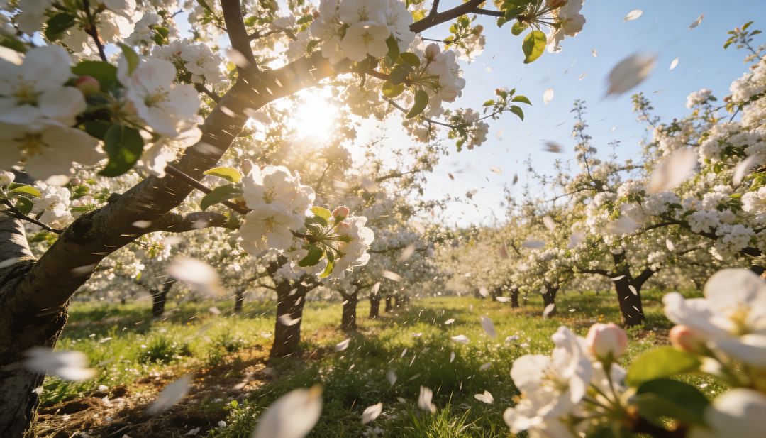 Sunlight filtering through apple blossoms in spring orchard with drifting petals