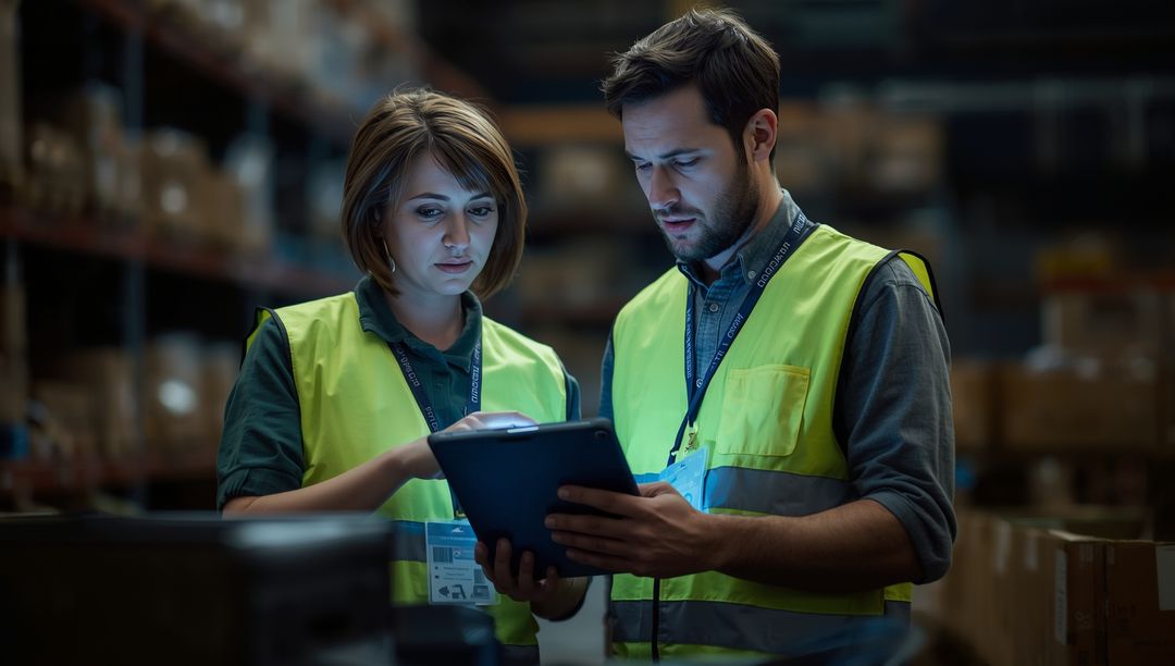 Warehouse Team Analyzing Digital Inventory on Tablet