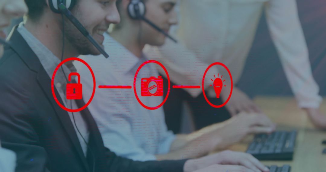 Diverse Support Team in Office with Digital Media Icons